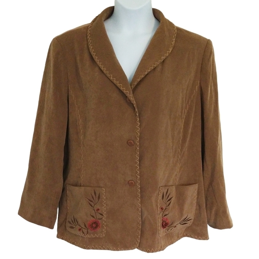 Susan Graver Brown Faux Suede Floral Embroidered Blazer Boho Western Unique